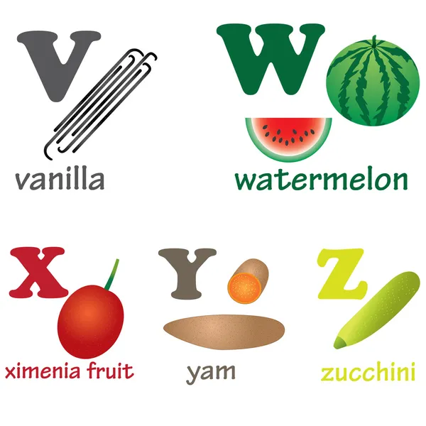 Lettere alfabetiche V-Z con frutti . — Vettoriale Stock