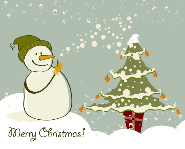 Schneemann mit Geschenken neben Weihnachtsbaum. — Stockvektor