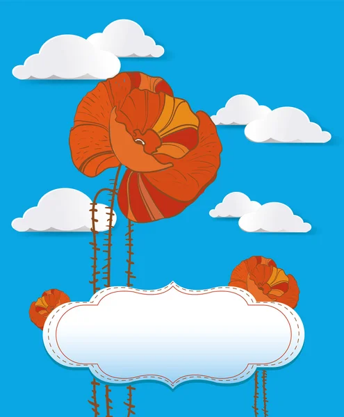 Tarjeta roja amapola con nubes — Vector de stock
