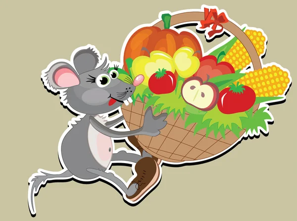 Día de Acción de Gracias, ratón con gran cesta, vector — Vector de stock