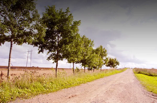 Rural onverharde weg. hoogspanning draad. — Stockfoto