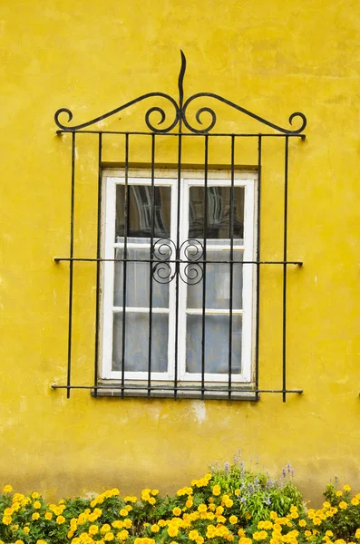 Hausfenster mit dekorativem Schutzgitter. Gelbe Wand. — Stockfoto