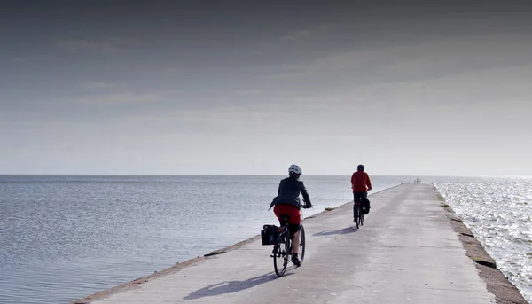 Curonian lagoon içinde beton iskelesi bisikletçiler binmek. — Stok fotoğraf