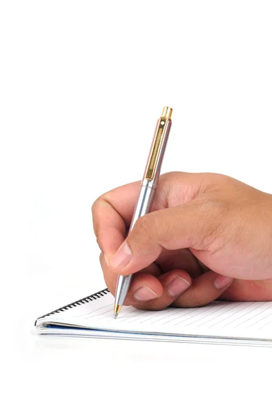 Mão segure uma caneta escrita — Fotografia de Stock