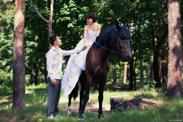 馬と庭でポーズをとって新郎新婦 — ストック写真