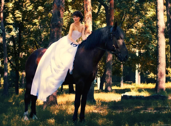 La mariée pose sur un cheval — Photo