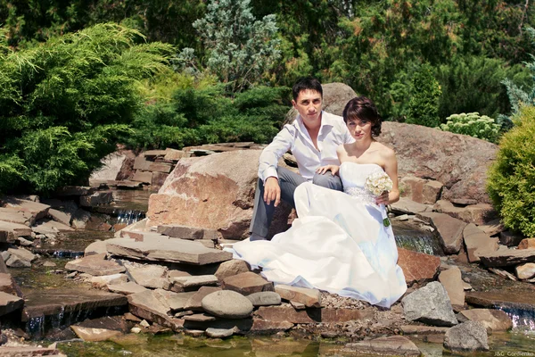 Noiva e noivo posando no jardim — Fotografia de Stock