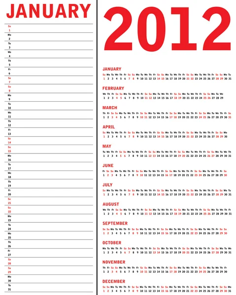 Červený kalendář na rok 2012 — Stockový vektor