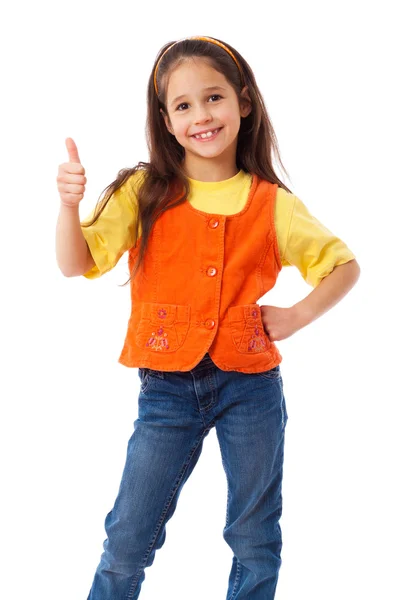 Улыбающаяся маленькая девочка с большим пальцем вверх вывеской — стоковое фото