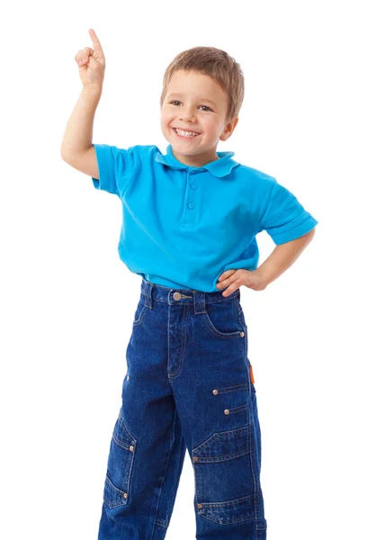 Lachende jongetje met lege wijzend handje — Stockfoto