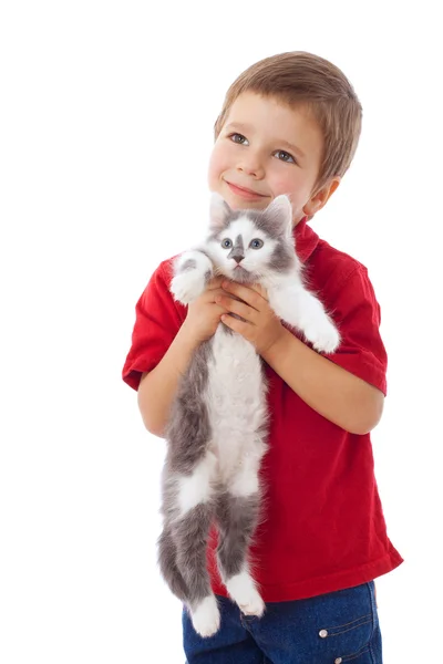 Malý chlapec s kitty v rukou — Stock fotografie