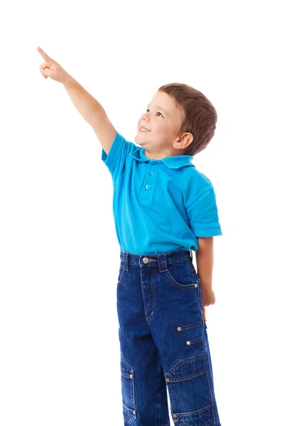Мальчик с пустым указателем, поднятой рукой — стоковое фото