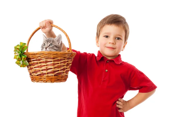 Маленький мальчик с котенком в корзине — стоковое фото