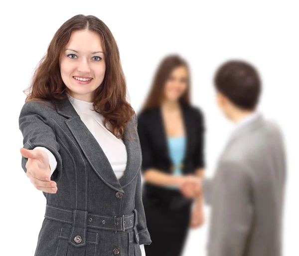 A imagem de uma mulher de negócios auto-confiante estendendo a mão, novamente — Fotografia de Stock