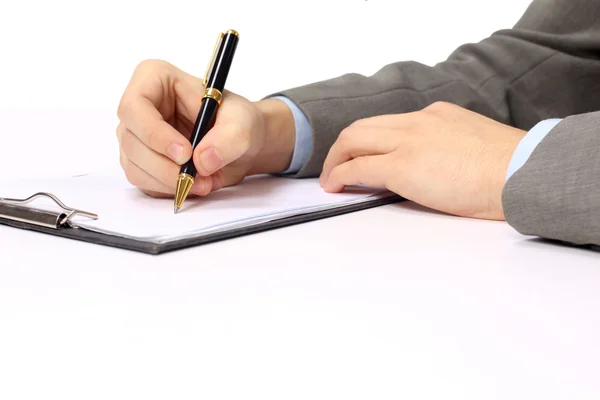 Tollal a kezében, írásban, a notebook — Stock Fotó