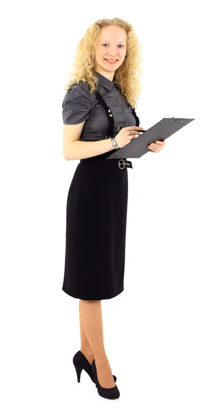 Szép üzleti nő szőke jelentéssel a kezében. elszigetelt fehér — Stock Fotó