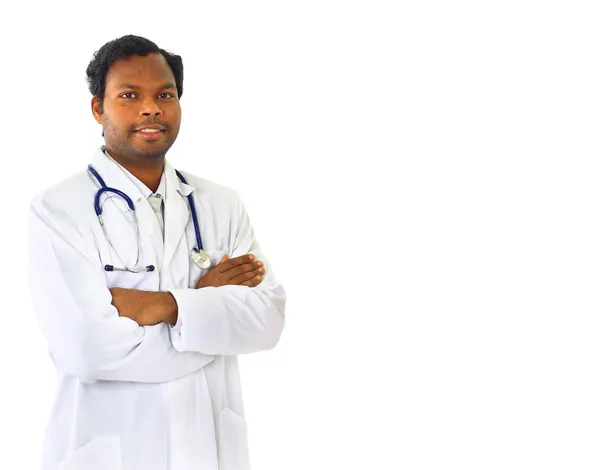 Bela médica afro-americana. Isolado sobre um fundo branco . — Fotografia de Stock