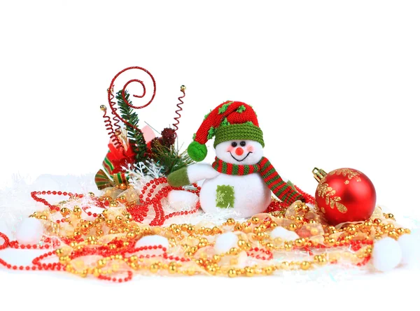 Festlig snögubbe med jul ljus bakgrund — Stockfoto