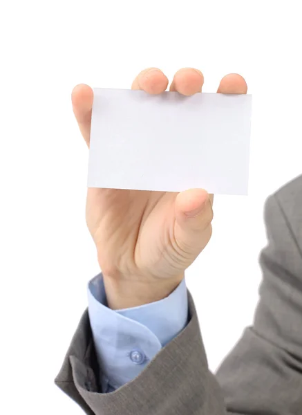 Mão mostra cartão de visita em branco. Em um fundo branco . — Fotografia de Stock