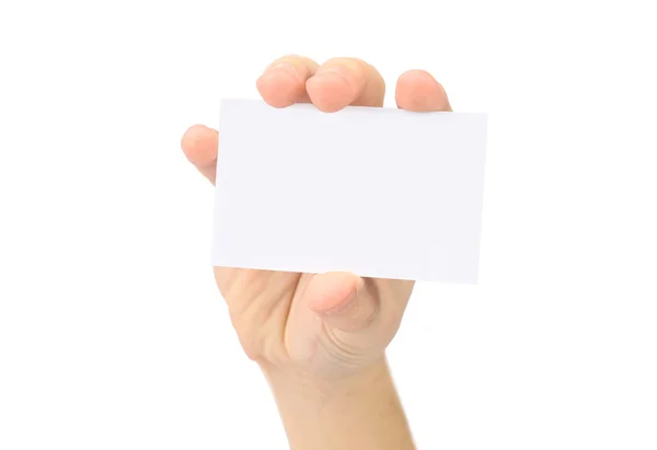 Mão mostra cartão de visita em branco. Em um fundo branco . — Fotografia de Stock