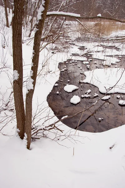 Pequeno rio de inverno e neve — Fotografia de Stock