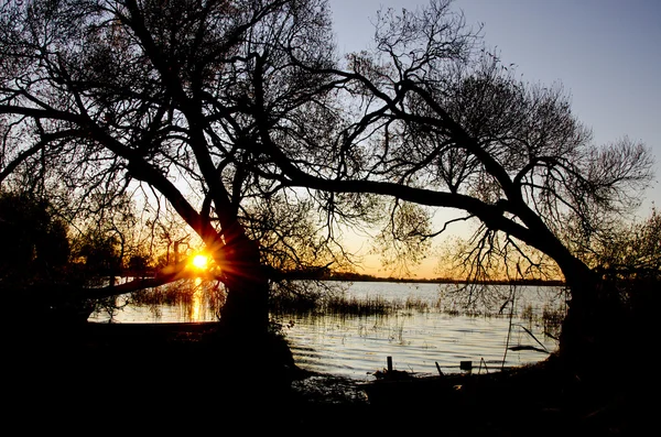 在深秋的湖水日落 — 图库照片