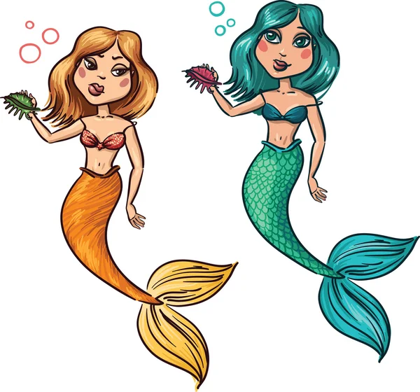 Two beautiful bright mermaid with shells. long hair — Stock Vector