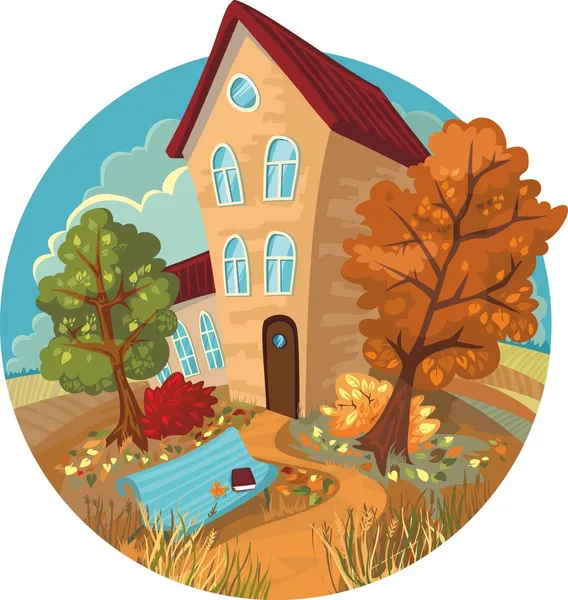 Sevimli, küçük bir ev, sonbaharda ağaçlar ve banklar bir daire — Stok Vektör