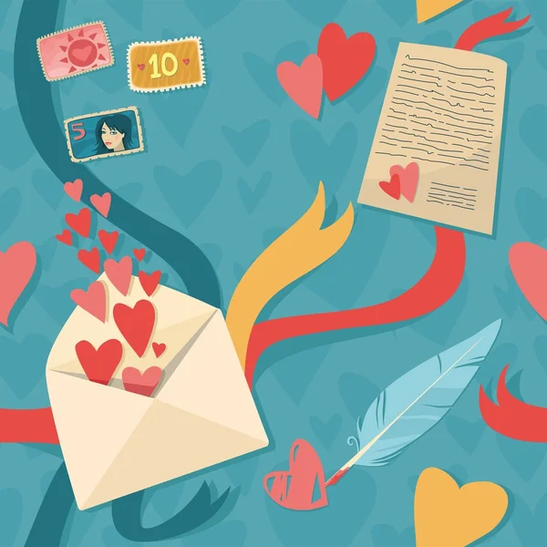 Kærlighedsbrev, kuvert og bånd. Problemfri tekstur – Stock-vektor