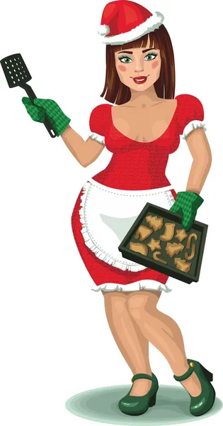 Vector illustration - a girl in a Christmas hat bakes delicious holiday coo — Stock Vector