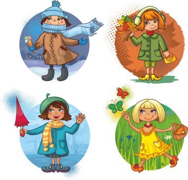 4 vector illustration - little girls and seasons