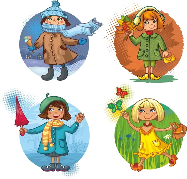 4 illustrations vectorielles - petites filles et saisons — Image vectorielle