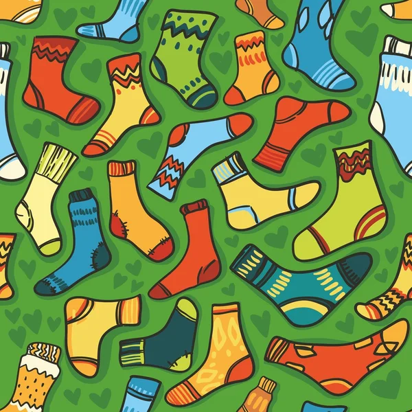 Textura inconsútil - calcetines de bebé brillantes con un fondo verde — Vector de stock
