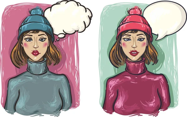 Dwie dziewczyny. smutny i zamyślony dziewczyna w kapeluszu i sweter — Wektor stockowy