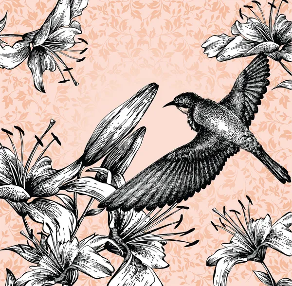 Pozadí s letícího ptáka a kvetoucí lilie ruční kreslení. vektor — Stockový vektor