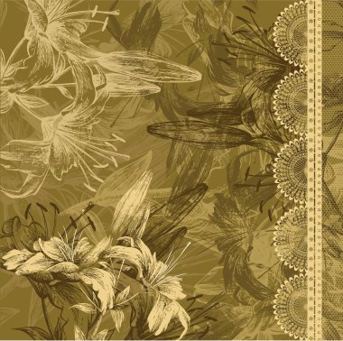 Floral background with blooming lilies and lace. Hand drawing clipart