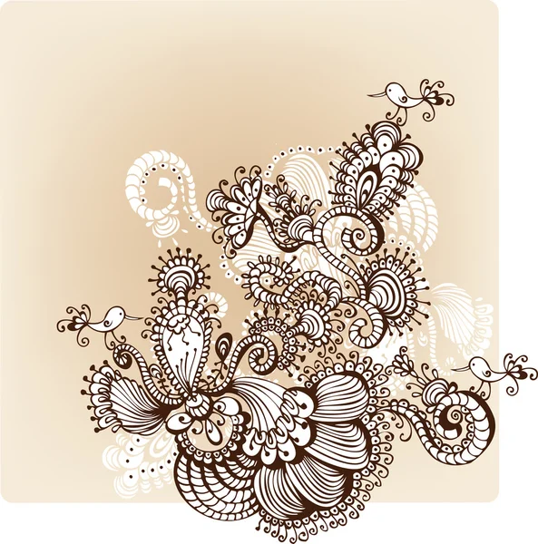 Fondo floral dibujado a mano con aves ornamentales — Vector de stock