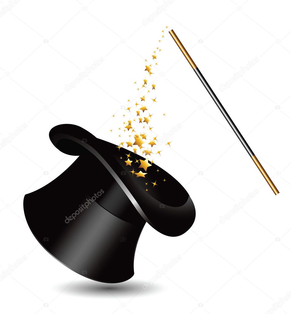 Magic hat and wand with sparkles. vector