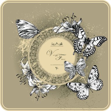 Vintage frame with blooming lilies and butterflies, hand drawing. clipart