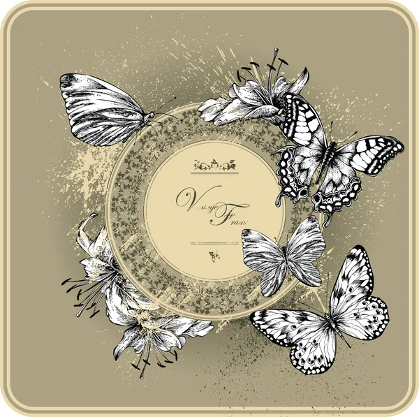Vintage frame with blooming lilies and butterflies, hand drawing. — Stock Vector