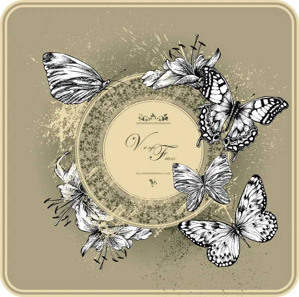 Cadre vintage avec fleurs de lis et de papillons, dessin à la main . Vecteur En Vente