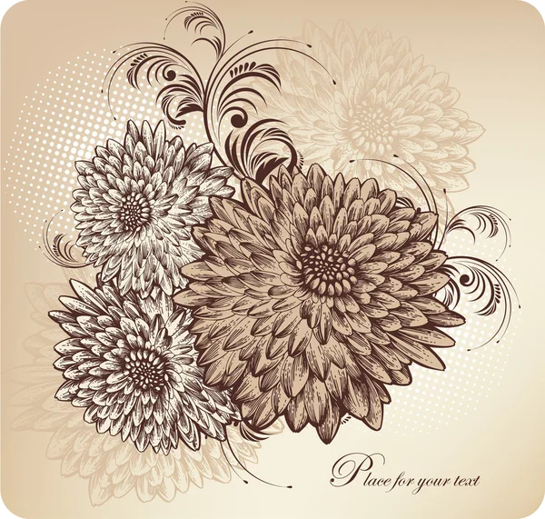 Květinové pozadí s kvetoucí chryzantémy, ruční kreslení. — Stockový vektor