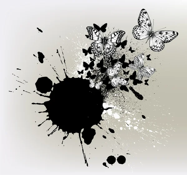 Fondo con manchas de tinta y mariposas voladoras . — Vector de stock