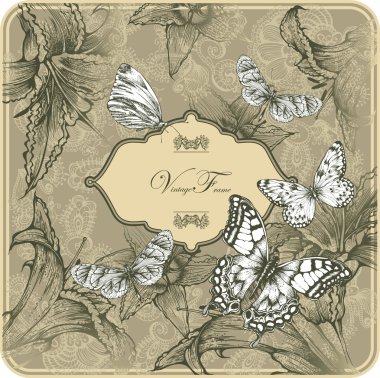 Vintage template with butterflies and blooming lilies. Vector illustration. clipart