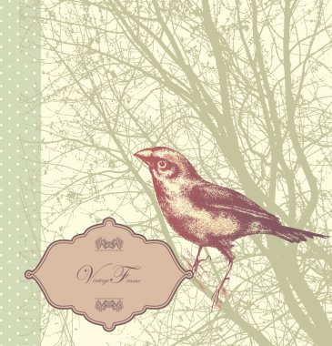 Background with vintage bird sitting on a tree, hand drawn clipart