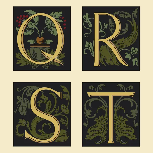 Sixteenth-Century alphabet Q R S T — Stock Vector