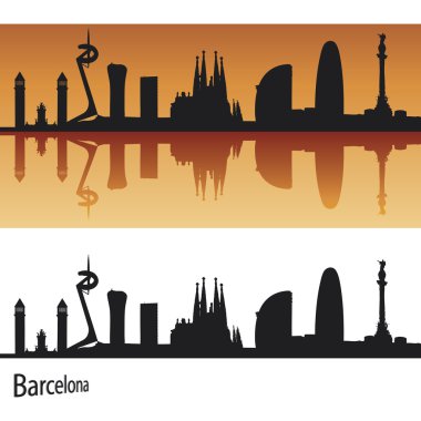 Barcelona Skyline in orange background in editable clipart