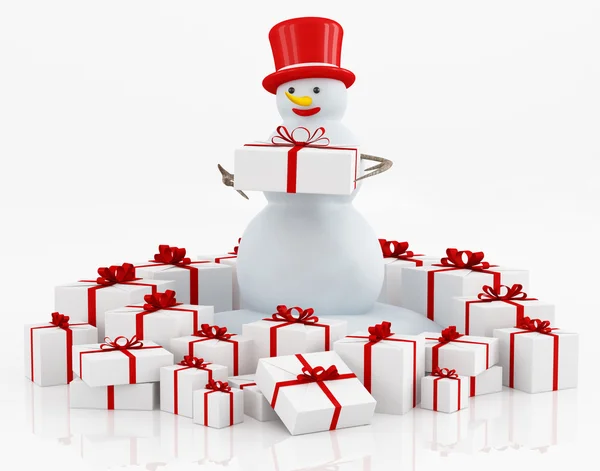 Подарочные коробки и снеговик — стоковое фото