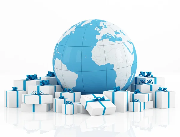 Earth globe and gift box — Stock Photo, Image