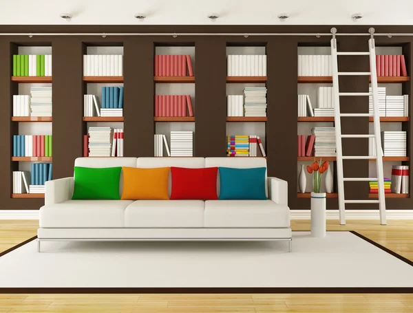 Sala de estar marrón con librería — Foto de Stock